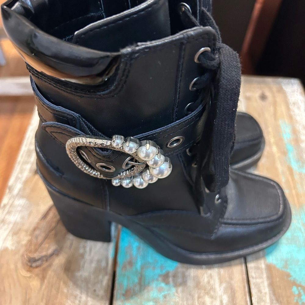 Karl Lagerfeld Black Lace-Up Boots with Silver and Pearl Detail